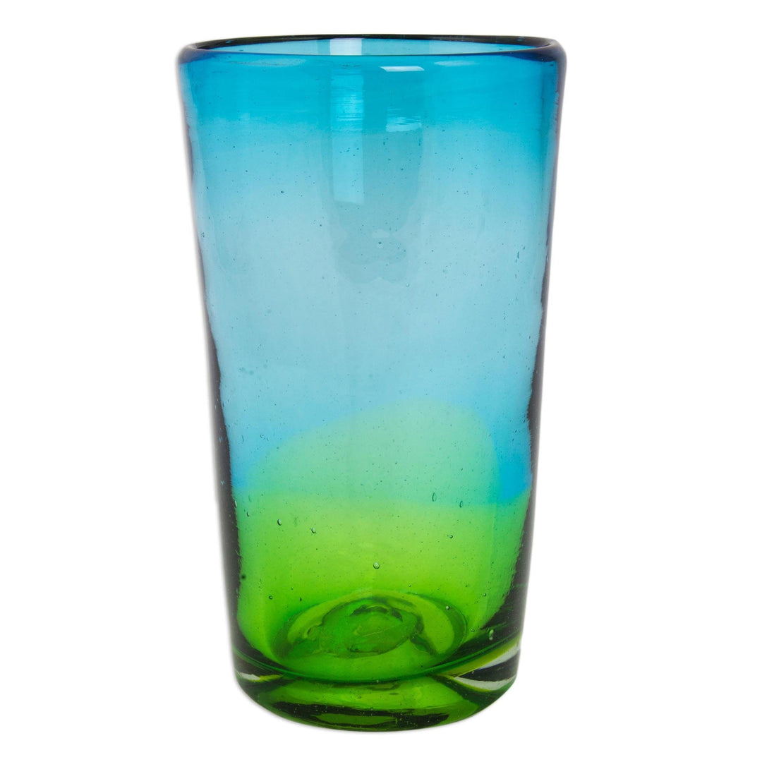 6 Artisan Crafted Blue Green Blown Glass Highball Glasses - Aurora Tapatia