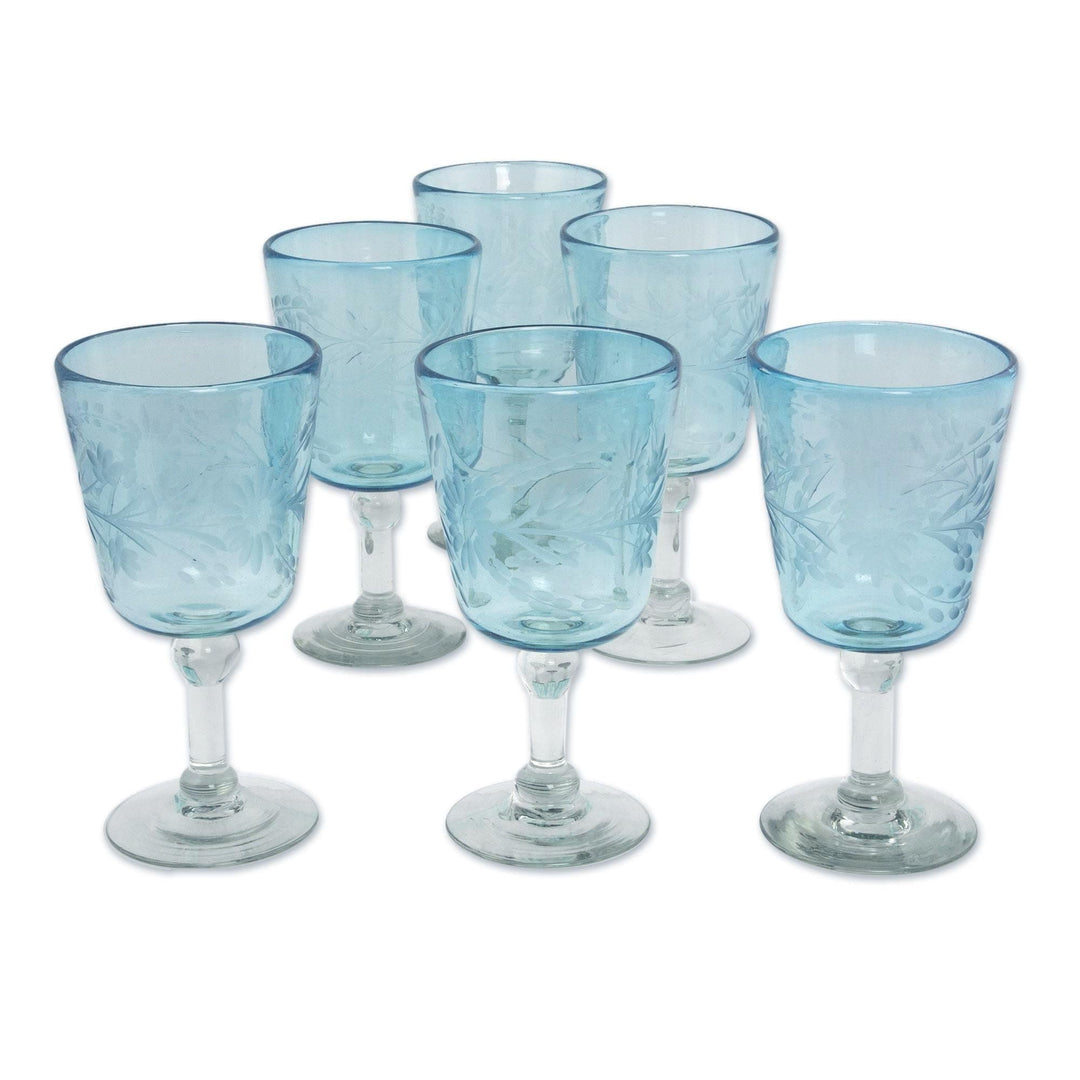 Engraved Pepita Flowers on Hand Blown Wine Glasses Set of 6 - Aquamarine Sunflowers