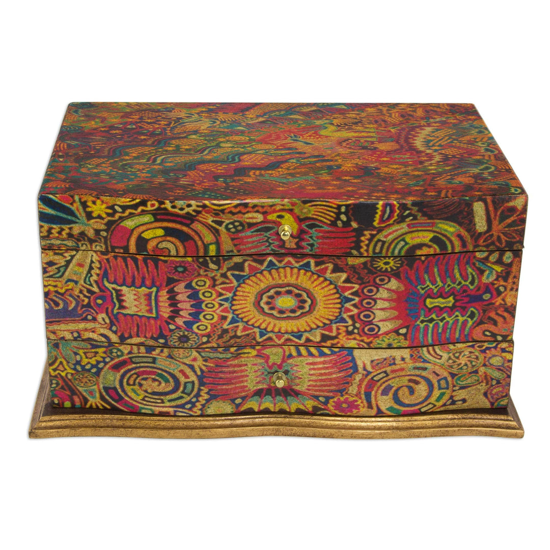 Wood Decoupage Jewelry Box with 3 Decks - Huichol Enchantment