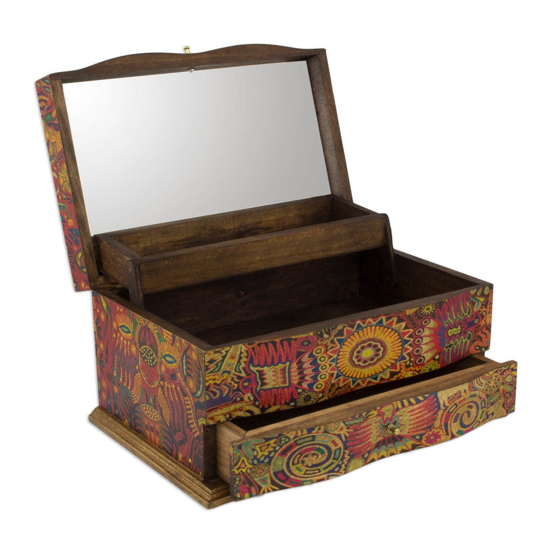 Wood Decoupage Jewelry Box with 3 Decks - Huichol Enchantment