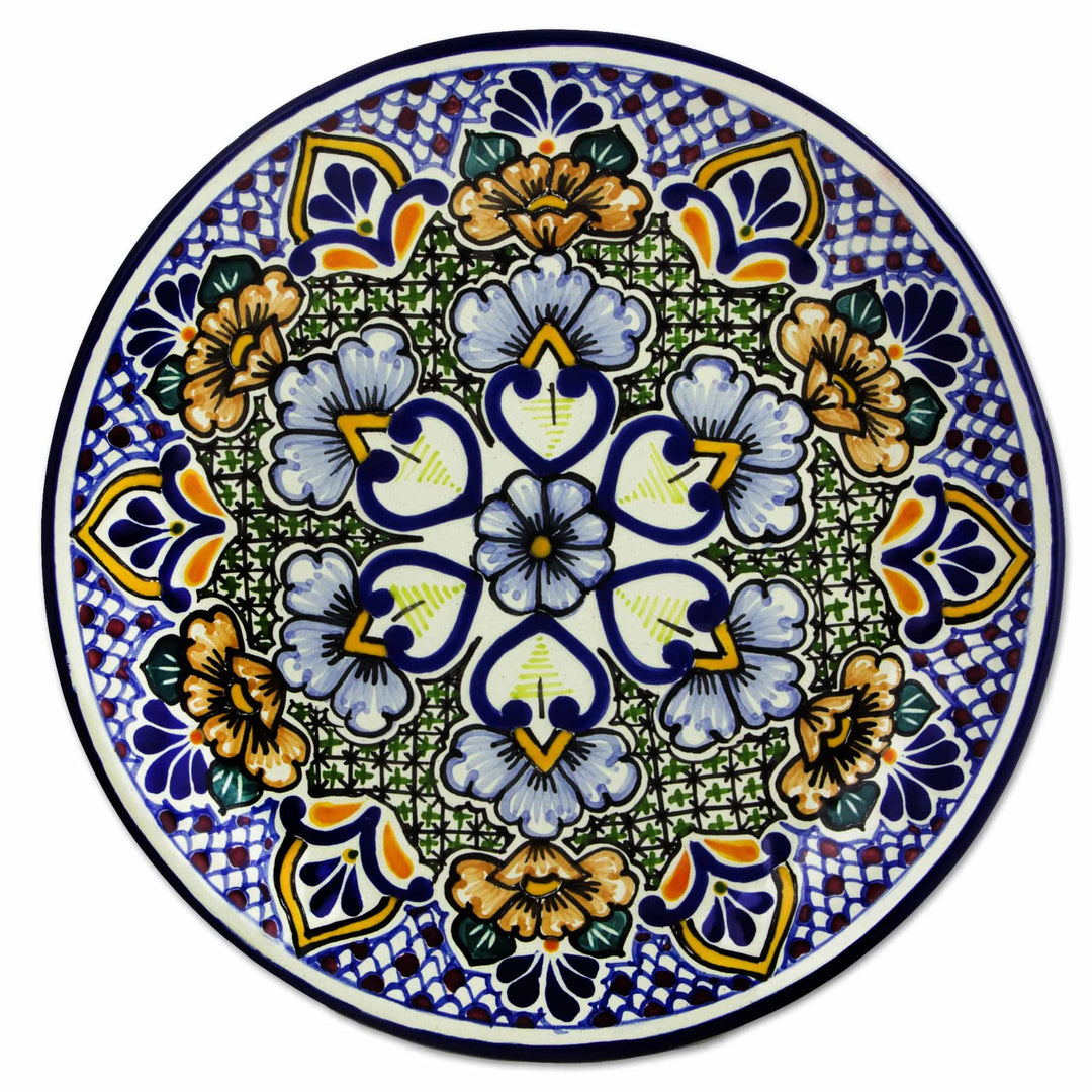 Mexican Blue Floral Talavera Style Dinner Plates (Pair) - Sunshine Kaleidoscope