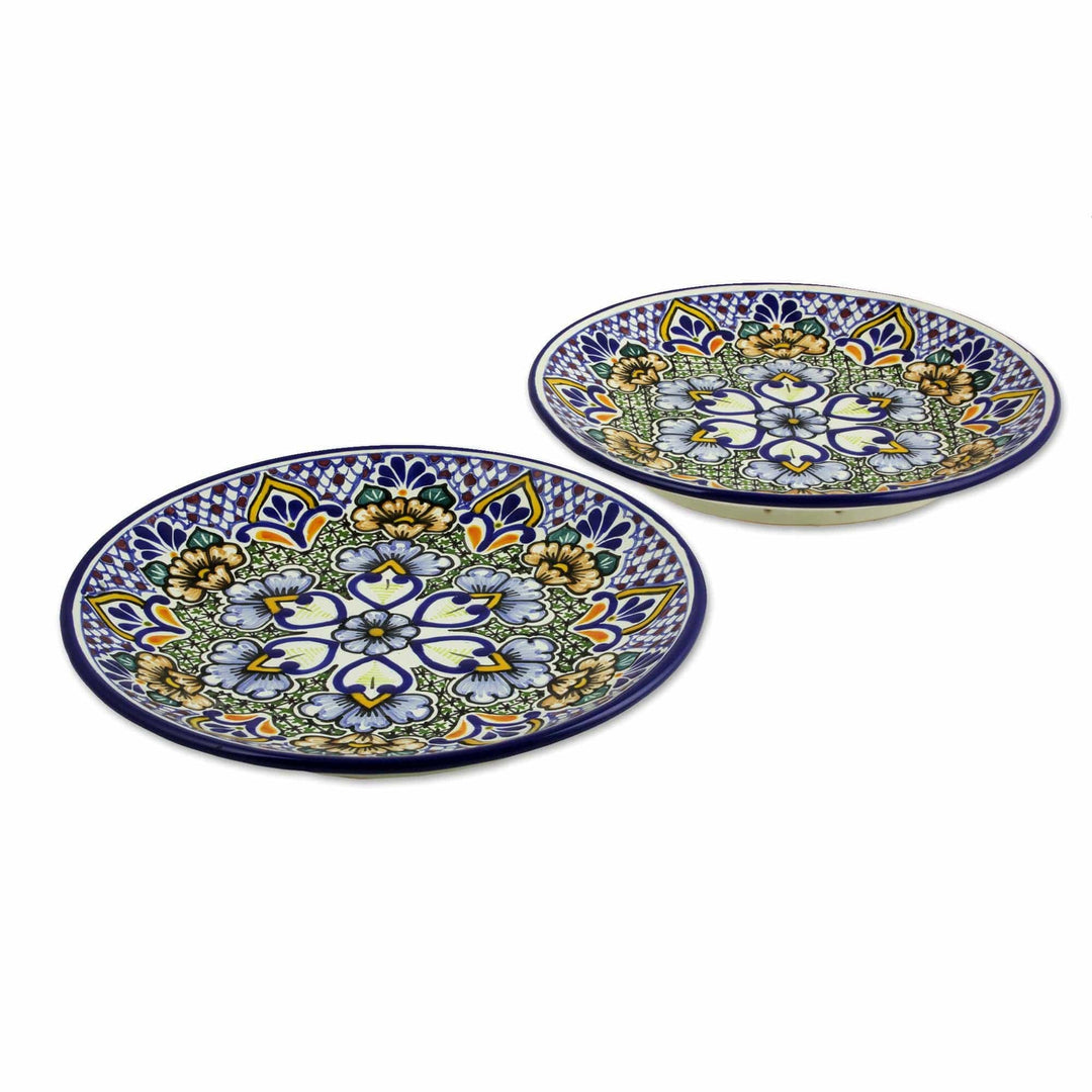 Mexican Blue Floral Talavera Style Dinner Plates (Pair) - Sunshine Kaleidoscope