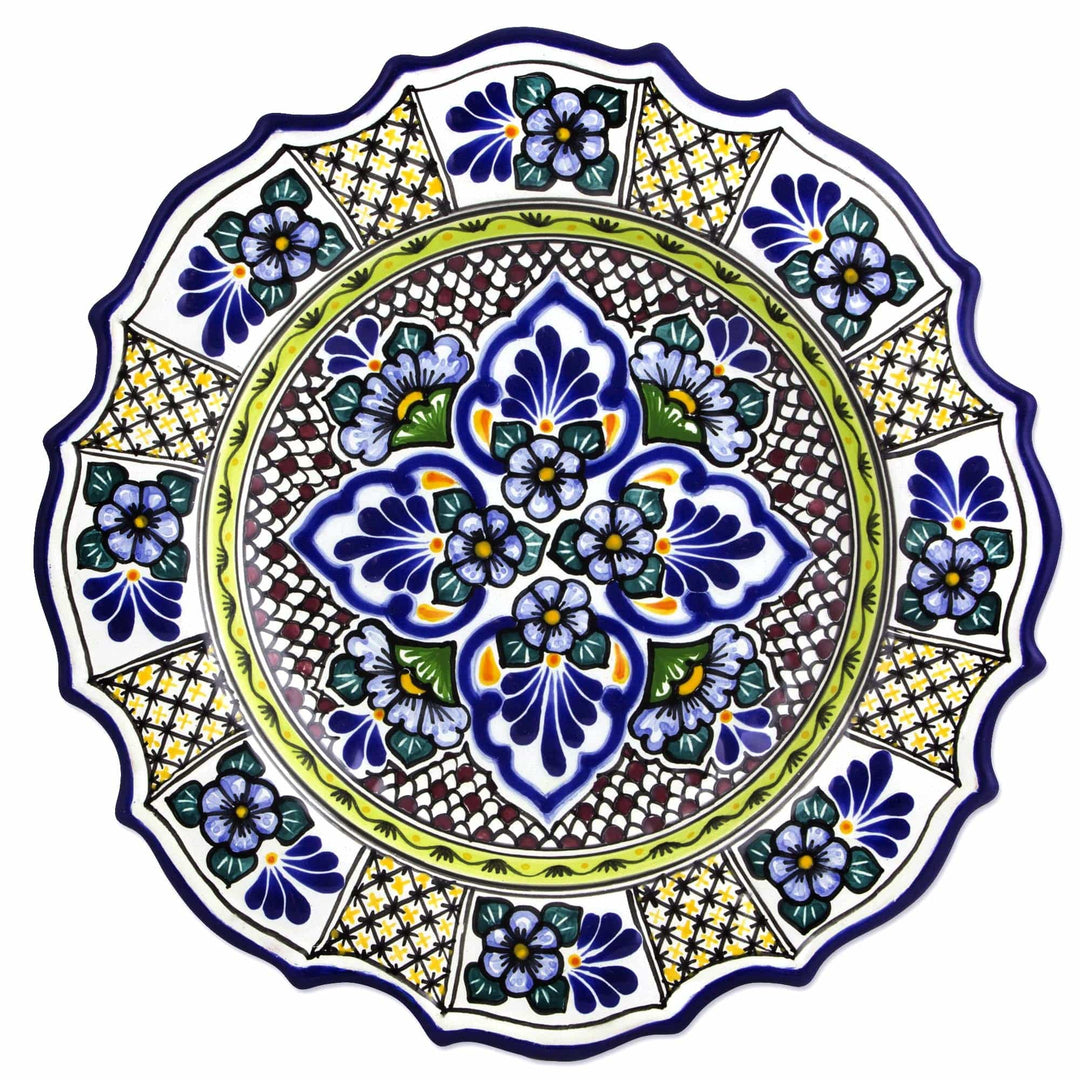 Artisan Crafted Talavera Floral Ceramic Plate from Mexico - Cobalt Bouquet