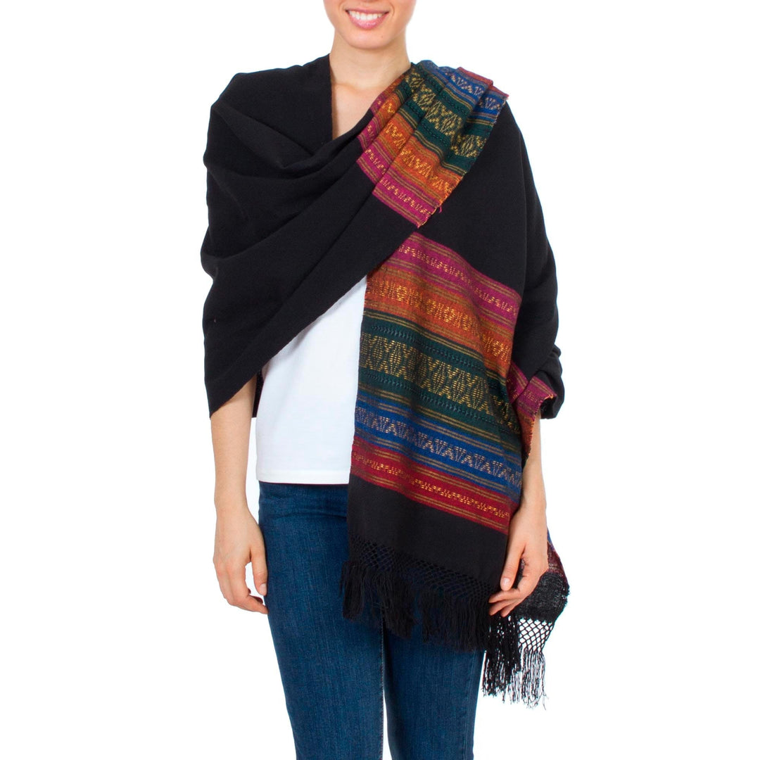 Black Zapotec Rebozo Shawl with Colorful Geometric Stripes - Zapotec Night Splendor