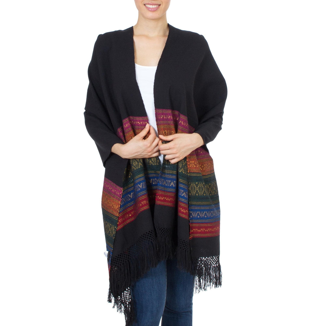 Black Zapotec Rebozo Shawl with Colorful Geometric Stripes - Zapotec Night Splendor