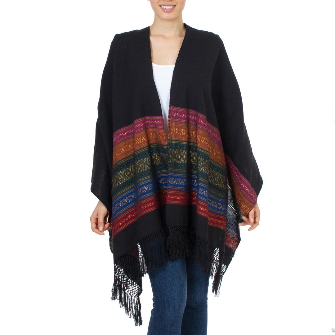 Black Zapotec Rebozo Shawl with Colorful Geometric Stripes - Zapotec Night Splendor