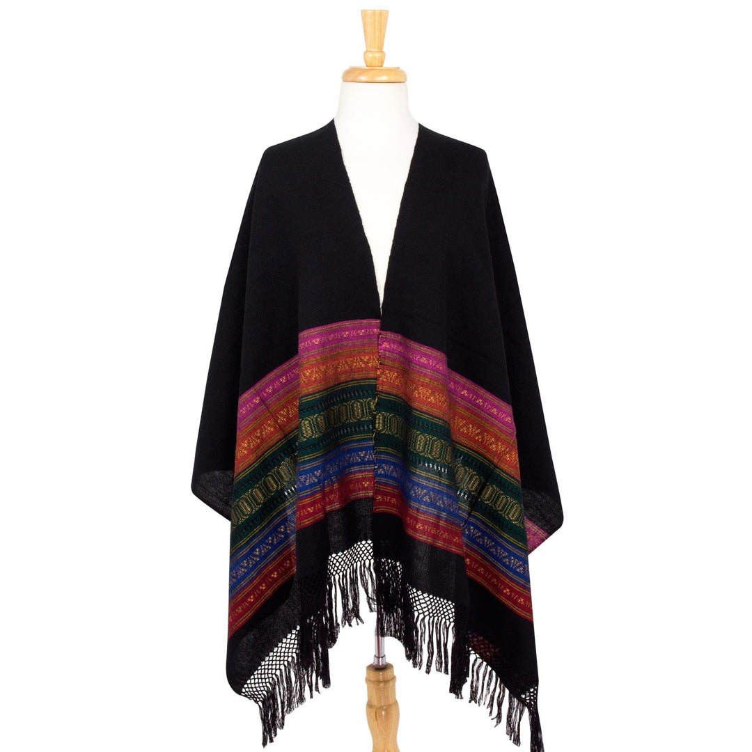 Black Zapotec Rebozo Shawl with Colorful Geometric Stripes - Zapotec Night Splendor