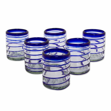 Set of Six Hand Blown Recycled Rocks Glasses - Cobalt Spiral