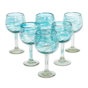 Set of 6 Recycled Hand Blown Aqua Wine Glasses from Mexico - Elegant Aqua Swirl