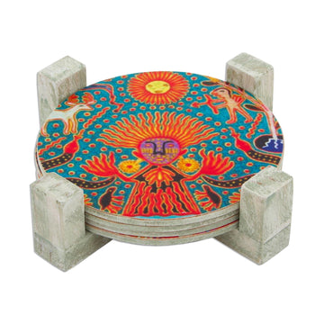 Four Round Multicolored Mexican Pinewood Decoupage Coasters - Round Huichol