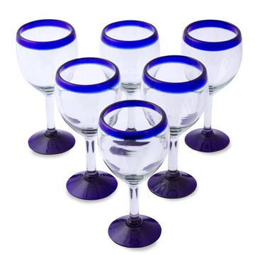 Set of Six Eco Friendly Hand Blown Wine Goblets - Cobalt Contrasts