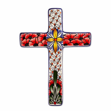 Multicolored Ceramic Mexican Wall Cross with Floral Motifs - Flower Field