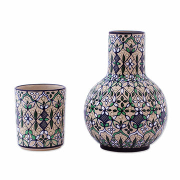 Fair Trade Ceramic Carafe and Cup Set from Mexico (Pair) - Green Valley