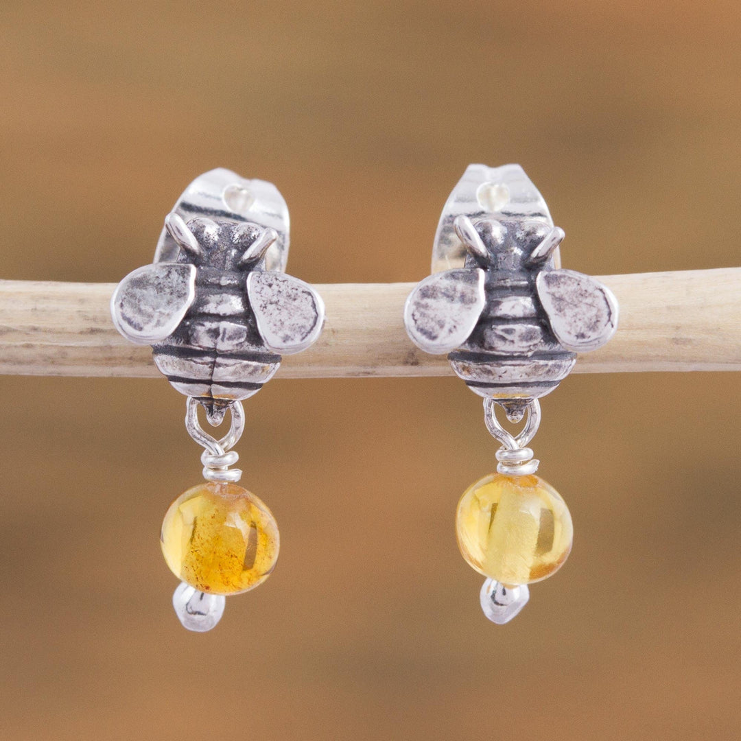Sterling Silver Amber Honeybee Post Earrings - Busy Bees