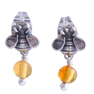 Sterling Silver Amber Honeybee Post Earrings - Busy Bees