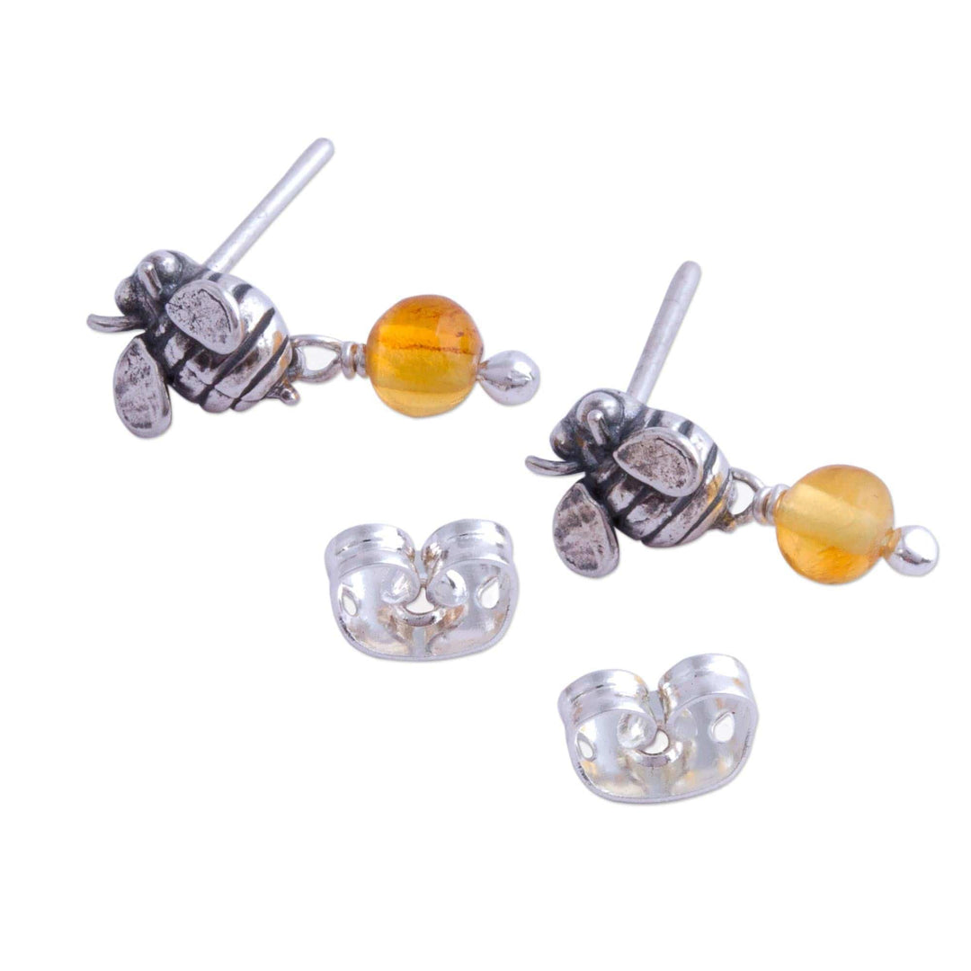 Sterling Silver Amber Honeybee Post Earrings - Busy Bees