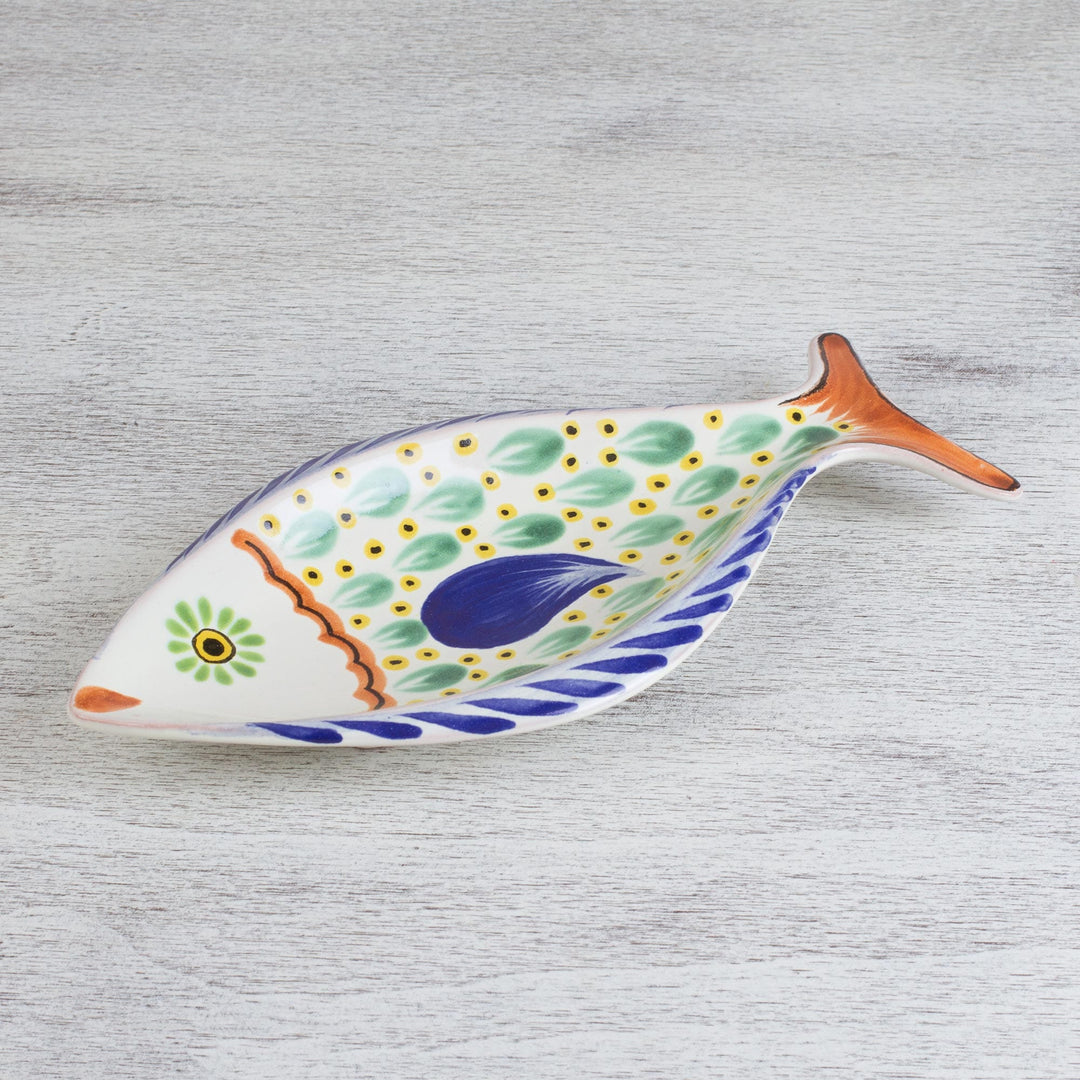 Painted Talavera Style Fish Platter (11 Inch) from Mexico - Folkloric Fish