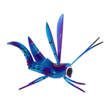 Wood Alebrije Cricket Sculpture in Blue from Mexico - Blue Good Luck Cricket