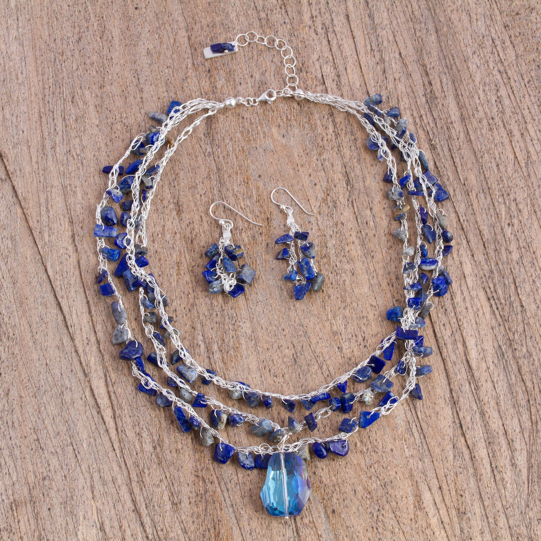 Lapis Lazuli and Crystal Beaded Necklace and Earring Set - Ocean Meditation