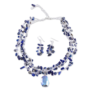 Lapis Lazuli and Crystal Beaded Necklace and Earring Set - Ocean Meditation