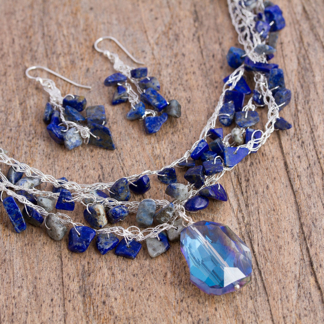 Lapis Lazuli and Crystal Beaded Necklace and Earring Set - Ocean Meditation