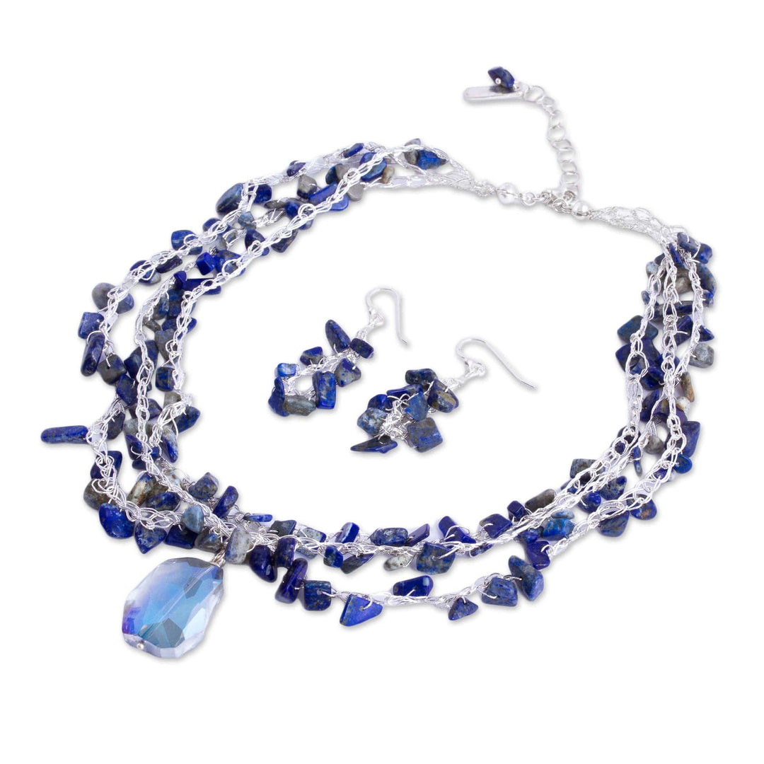 Lapis Lazuli and Crystal Beaded Necklace and Earring Set - Ocean Meditation