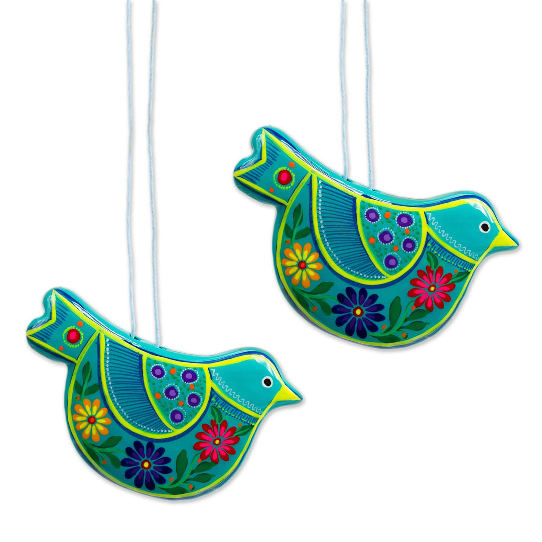 2 Caribbean Blue Ceramic Handcrafted and Painted Ornaments - Turquoise Doves
