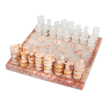 Onyx and Marble Chess Set in Pink and Ivory from Mexico - Pink and Ivory Challenge