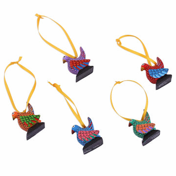 Wood Alebrije Chicken Ornaments (Set of 5) from Mexico - Sweet Chickens