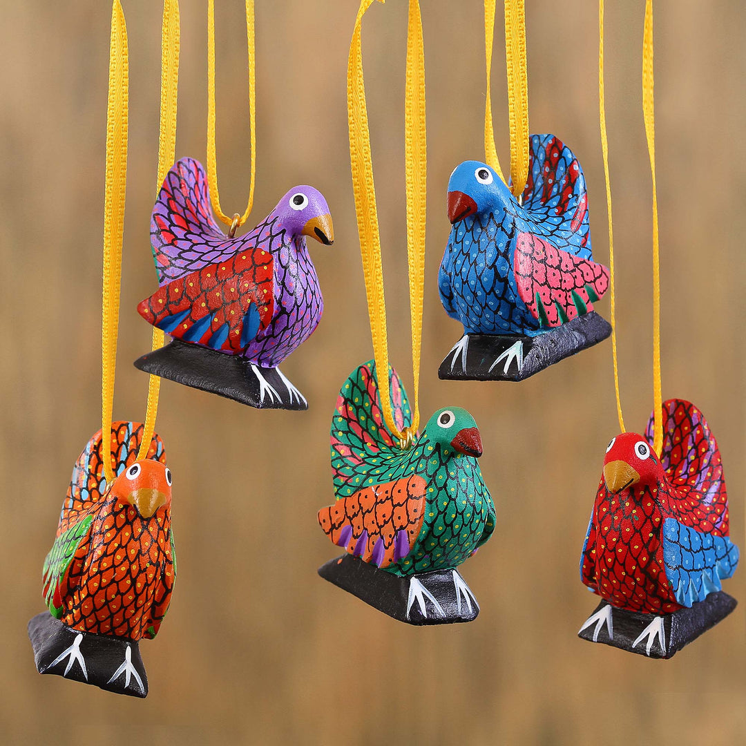 Wood Alebrije Chicken Ornaments (Set of 5) from Mexico - Sweet Chickens