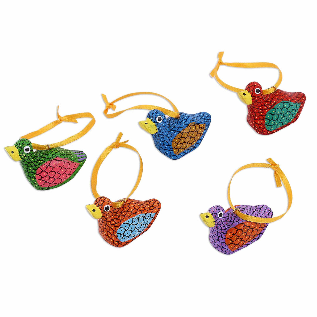 Painted Wood Alebrije Duck Ornaments (Set of 5) from Mexico - Sweet Ducks