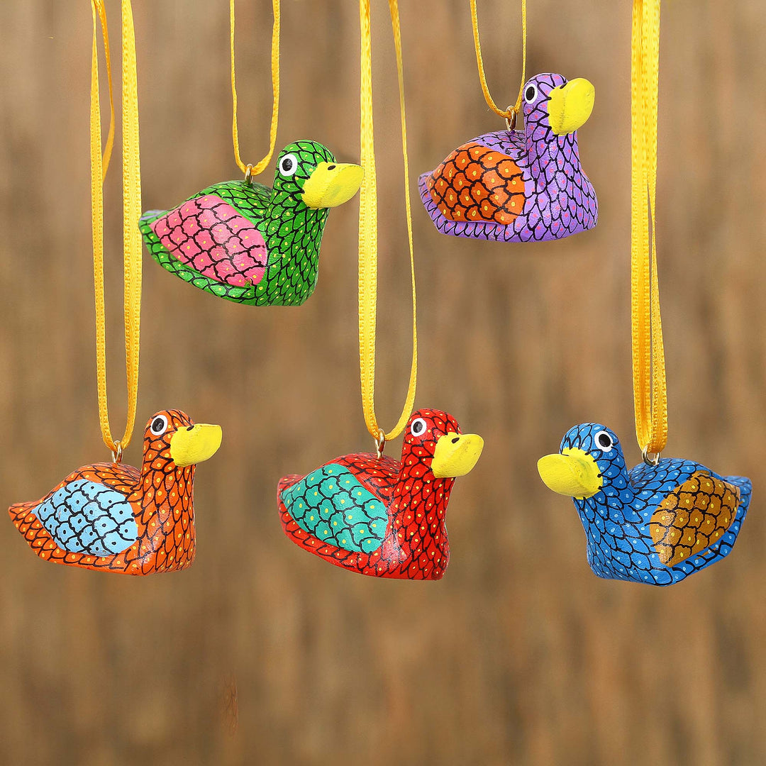 Painted Wood Alebrije Duck Ornaments (Set of 5) from Mexico - Sweet Ducks