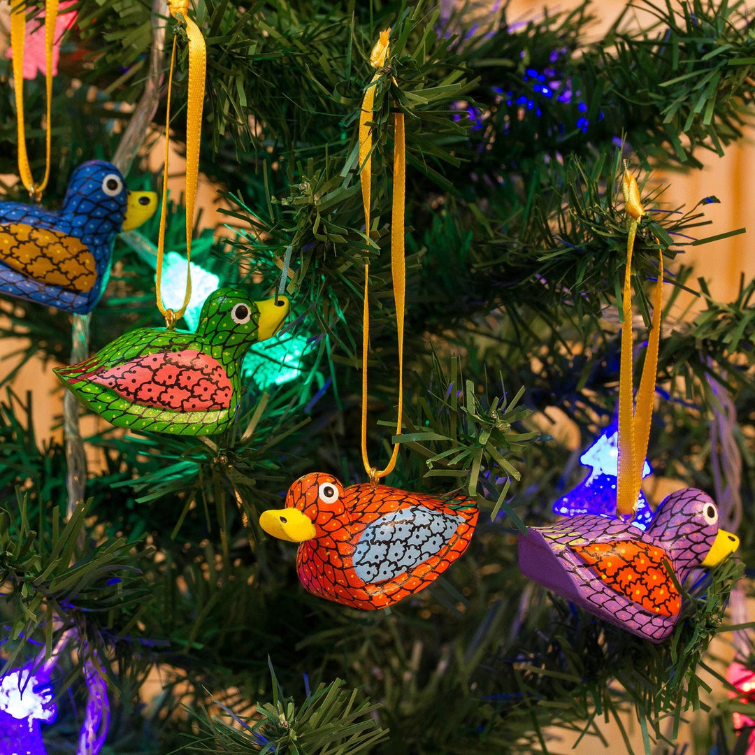 Painted Wood Alebrije Duck Ornaments (Set of 5) from Mexico - Sweet Ducks