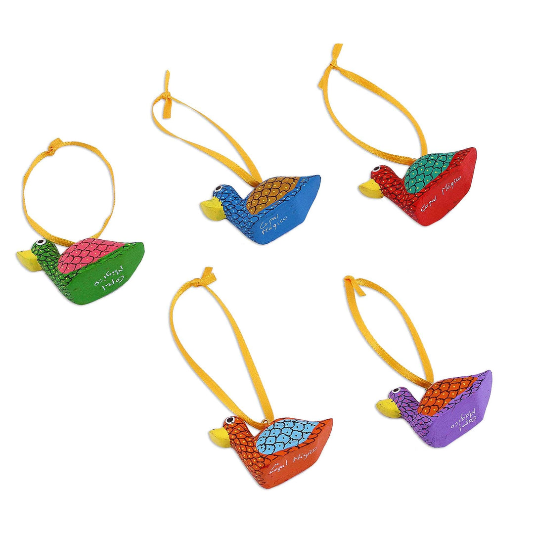 Painted Wood Alebrije Duck Ornaments (Set of 5) from Mexico - Sweet Ducks