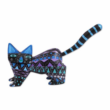 Hand-Painted Wood Alebrije Cat Figurine from Mexico - Nocturnal Cat
