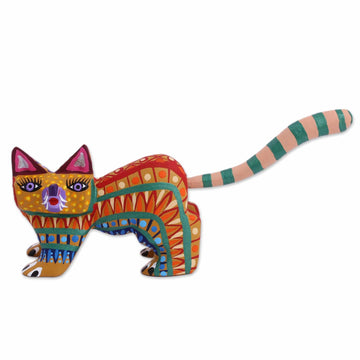 Multicolored Wood Alebrije Cat Figurine from Mexico - Walking Festive Cat