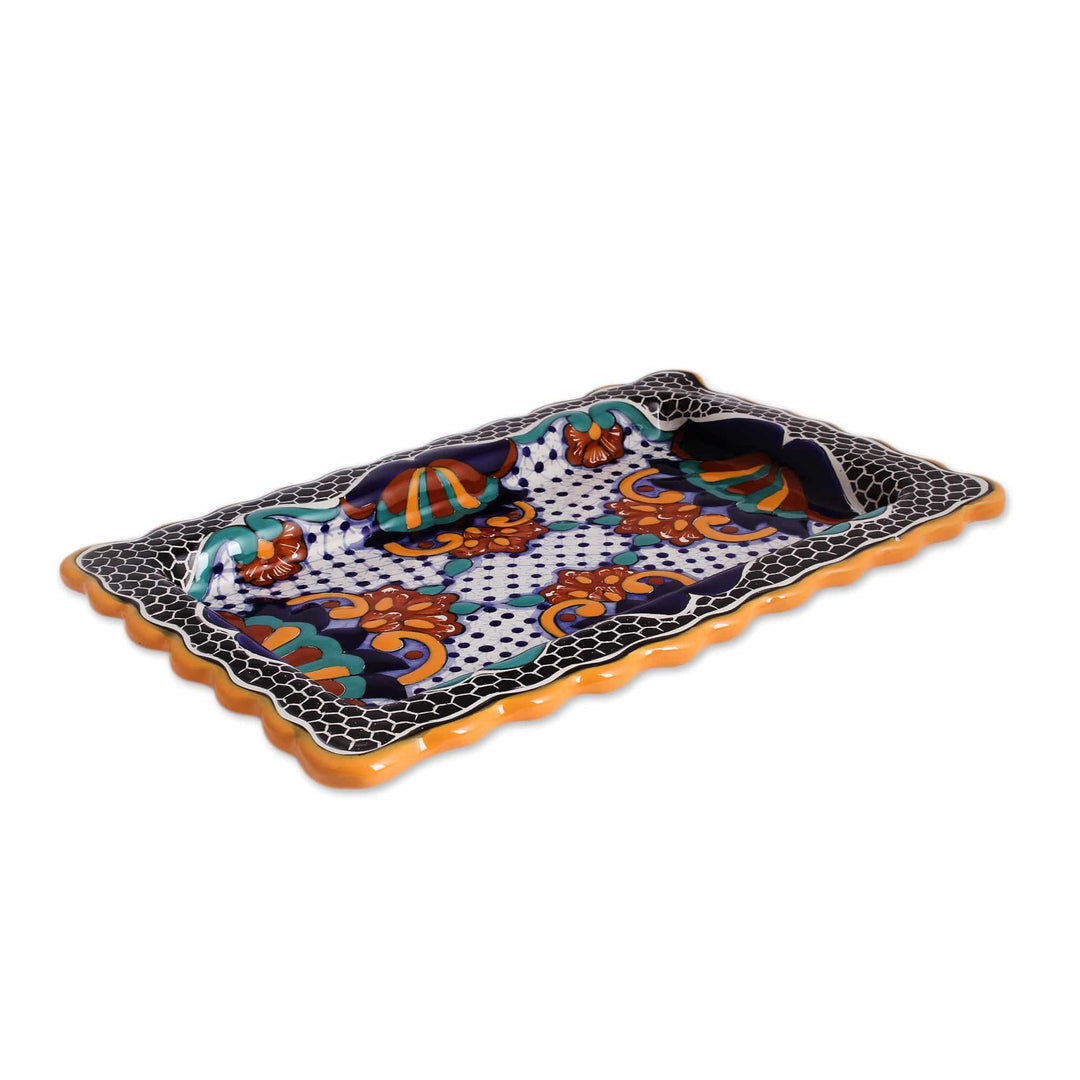 Floral Talavera Style Ceramic Platter from Mexico - Zacatlan Flowers