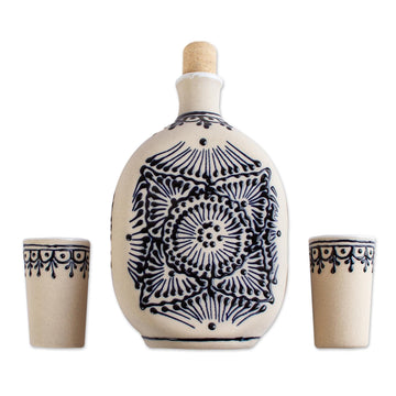Beige Talavera Style Tequila Decanter and Glasses - Set of 3 - Traditional Spirit