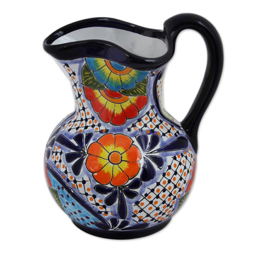 Hand-Painted Talavera Style Ceramic Pitcher from Mexico - Raining Flowers