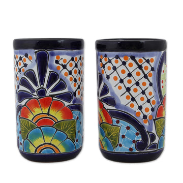 Hand-Painted Floral Ceramic Tumblers from Mexico (Pair) - Raining Flowers