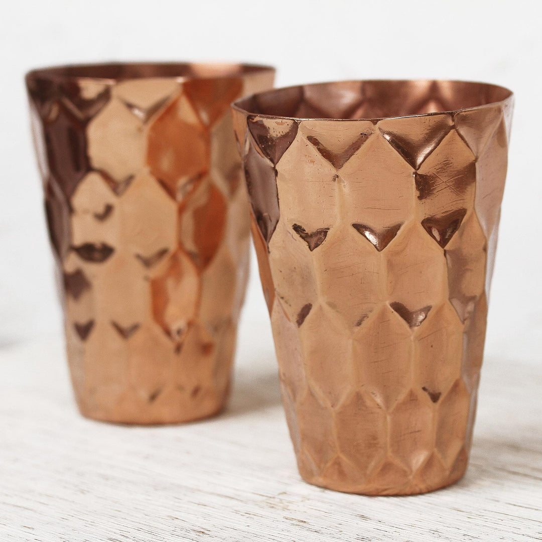 Hexagon Pattern Copper Tumblers from Mexico (Pair) - Hexagon Gleam
