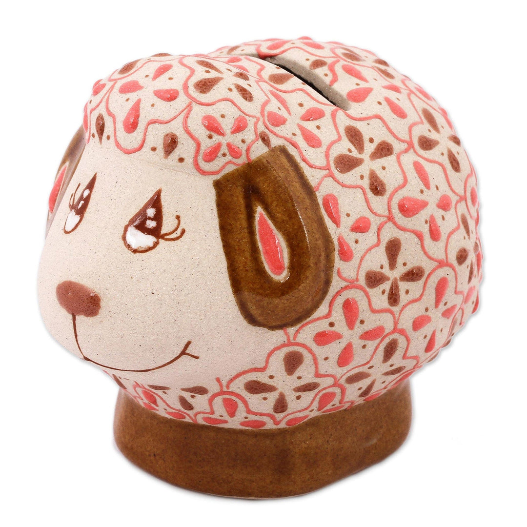 Ivory and Pink Floral Motif Ceramic Sheep Coin Bank - Sheepish