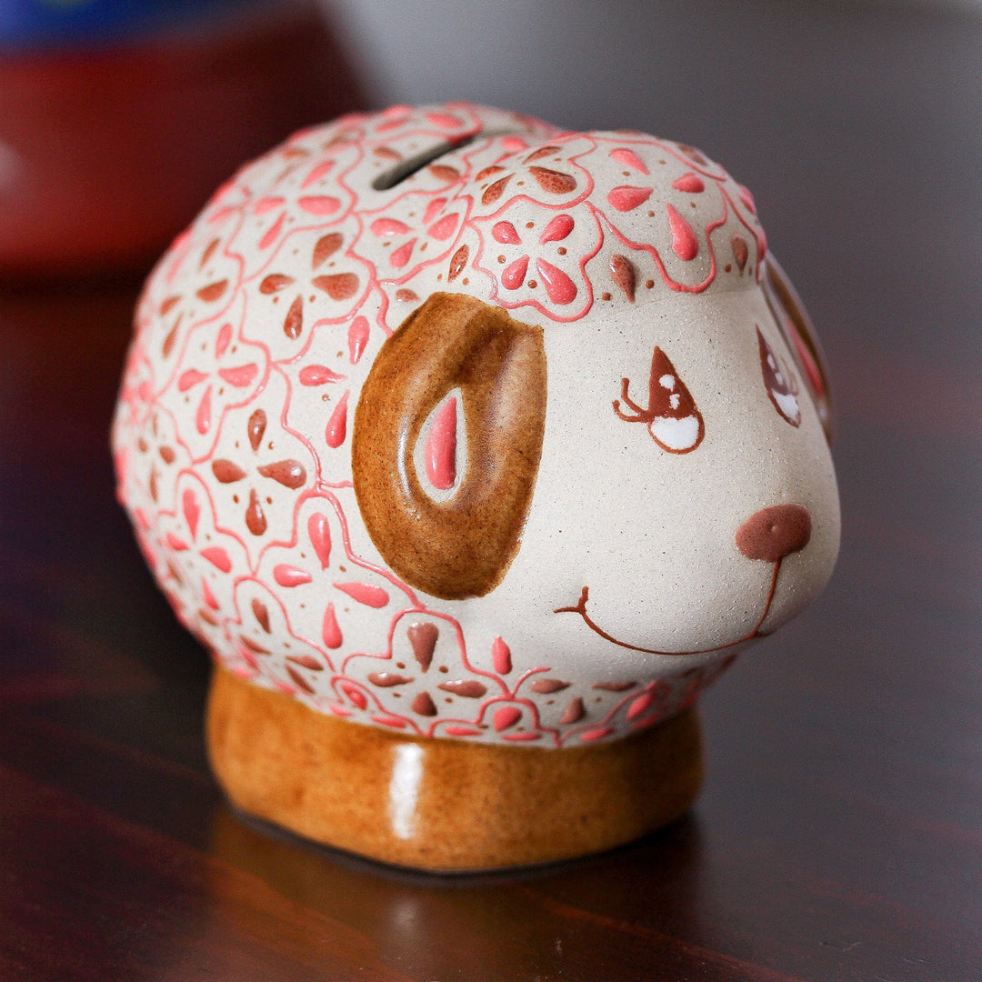 Ivory and Pink Floral Motif Ceramic Sheep Coin Bank - Sheepish