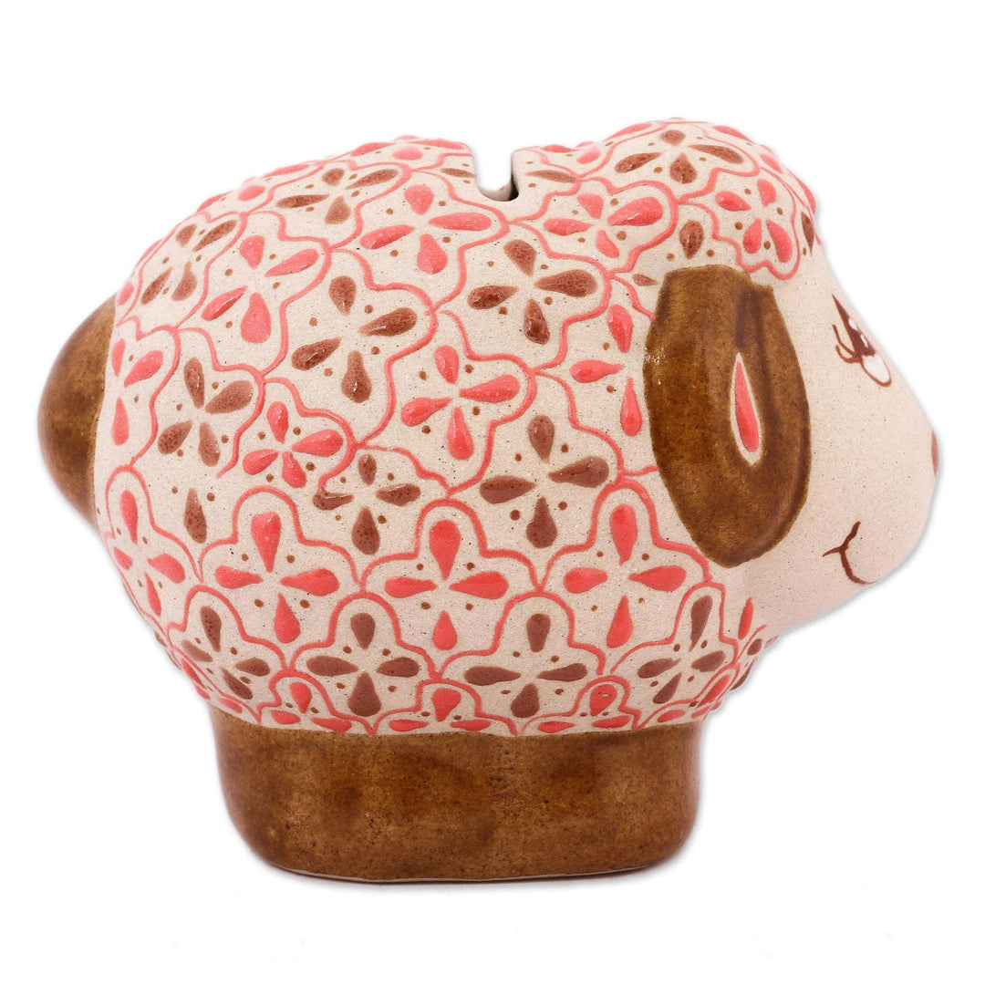 Ivory and Pink Floral Motif Ceramic Sheep Coin Bank - Sheepish