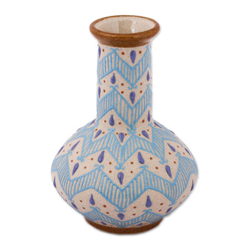 Handcrafted Blue and Ivory Chevron Motif Ceramic Flower Vase - Chevron Tears