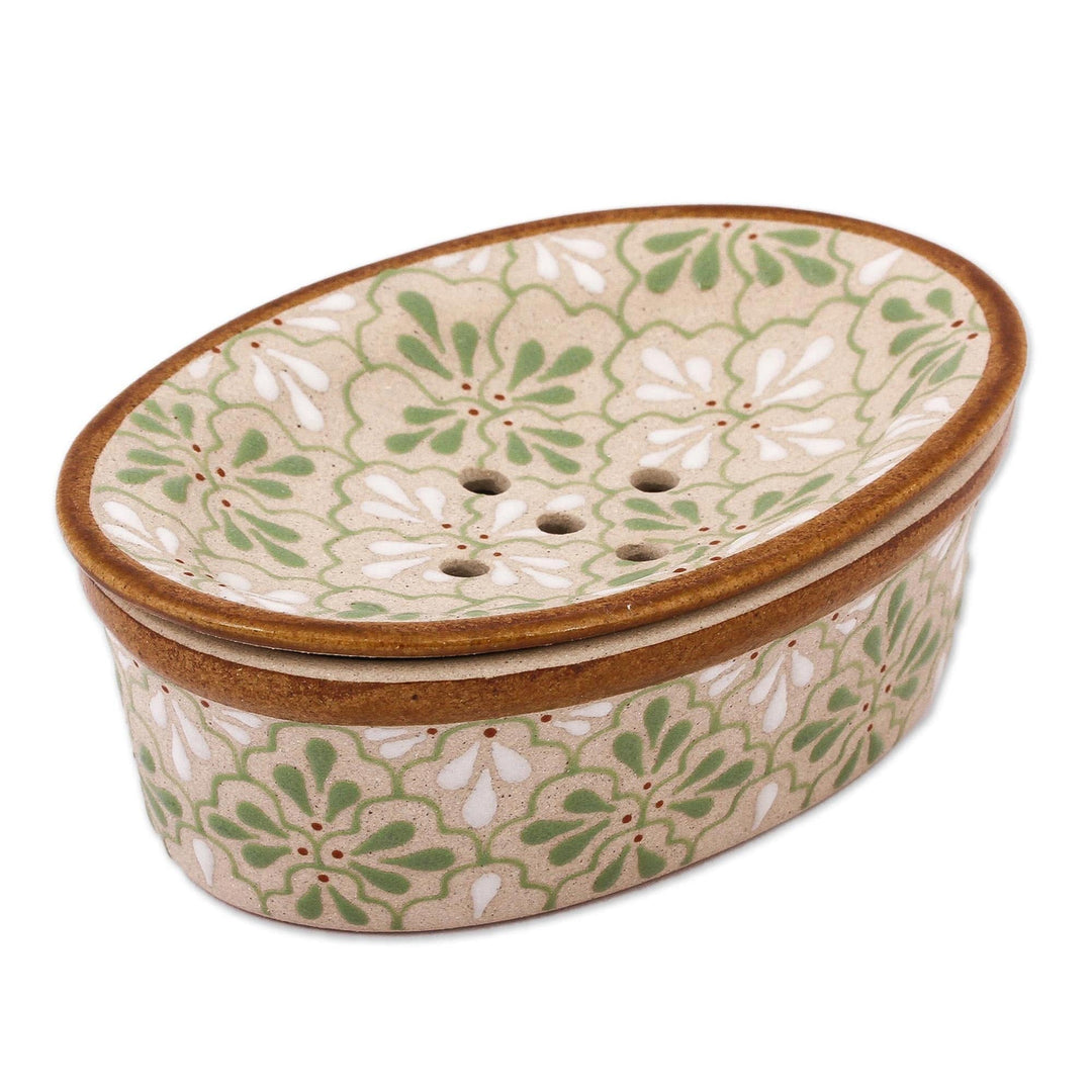 Handcrafted Green and White Floral Motif Ceramic Soap Dish - Sweet Meadow