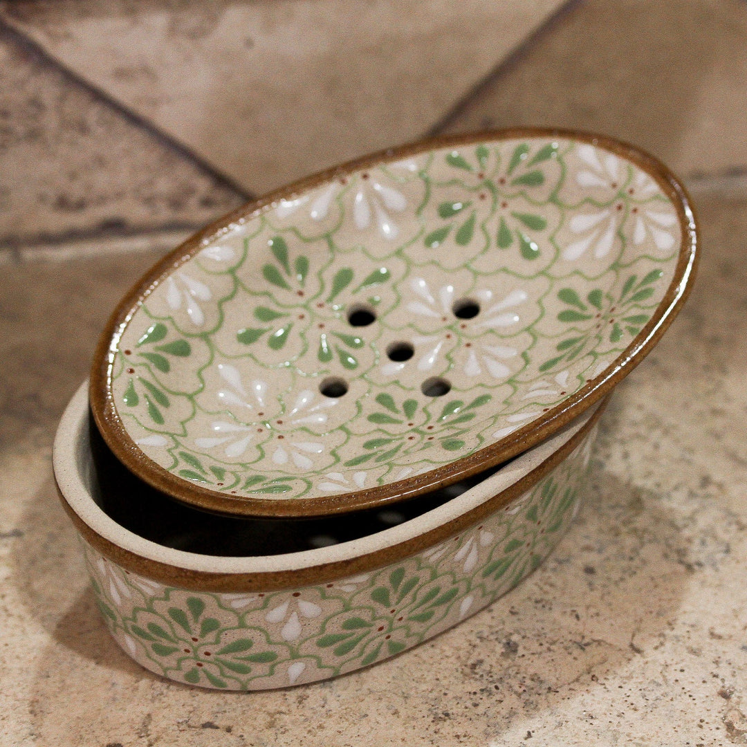 Handcrafted Green and White Floral Motif Ceramic Soap Dish - Sweet Meadow