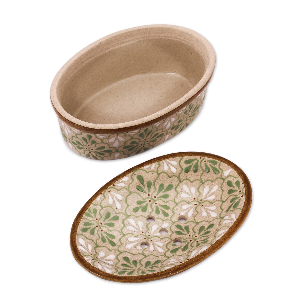 Handcrafted Green and White Floral Motif Ceramic Soap Dish - Sweet Meadow