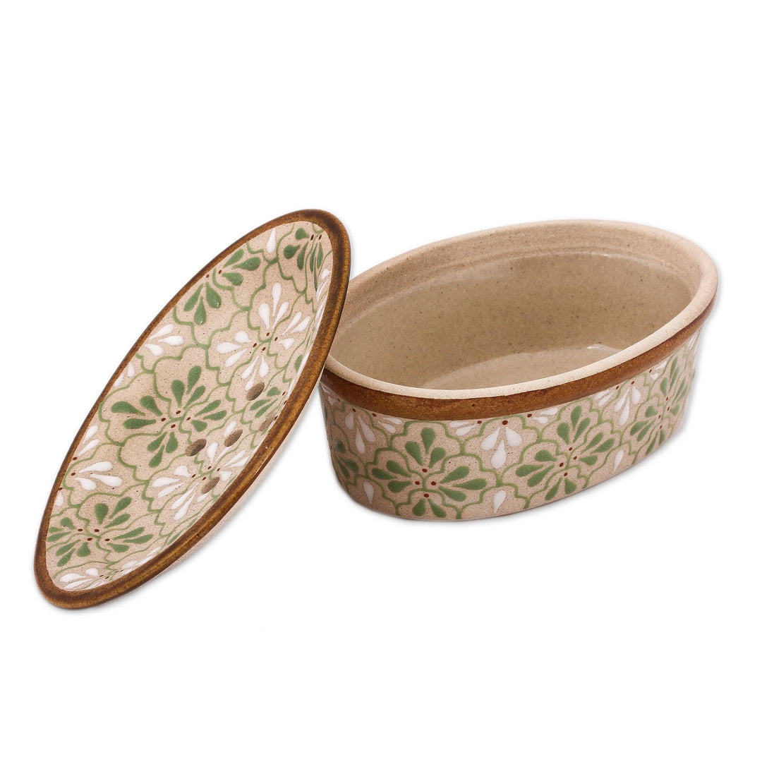 Handcrafted Green and White Floral Motif Ceramic Soap Dish - Sweet Meadow