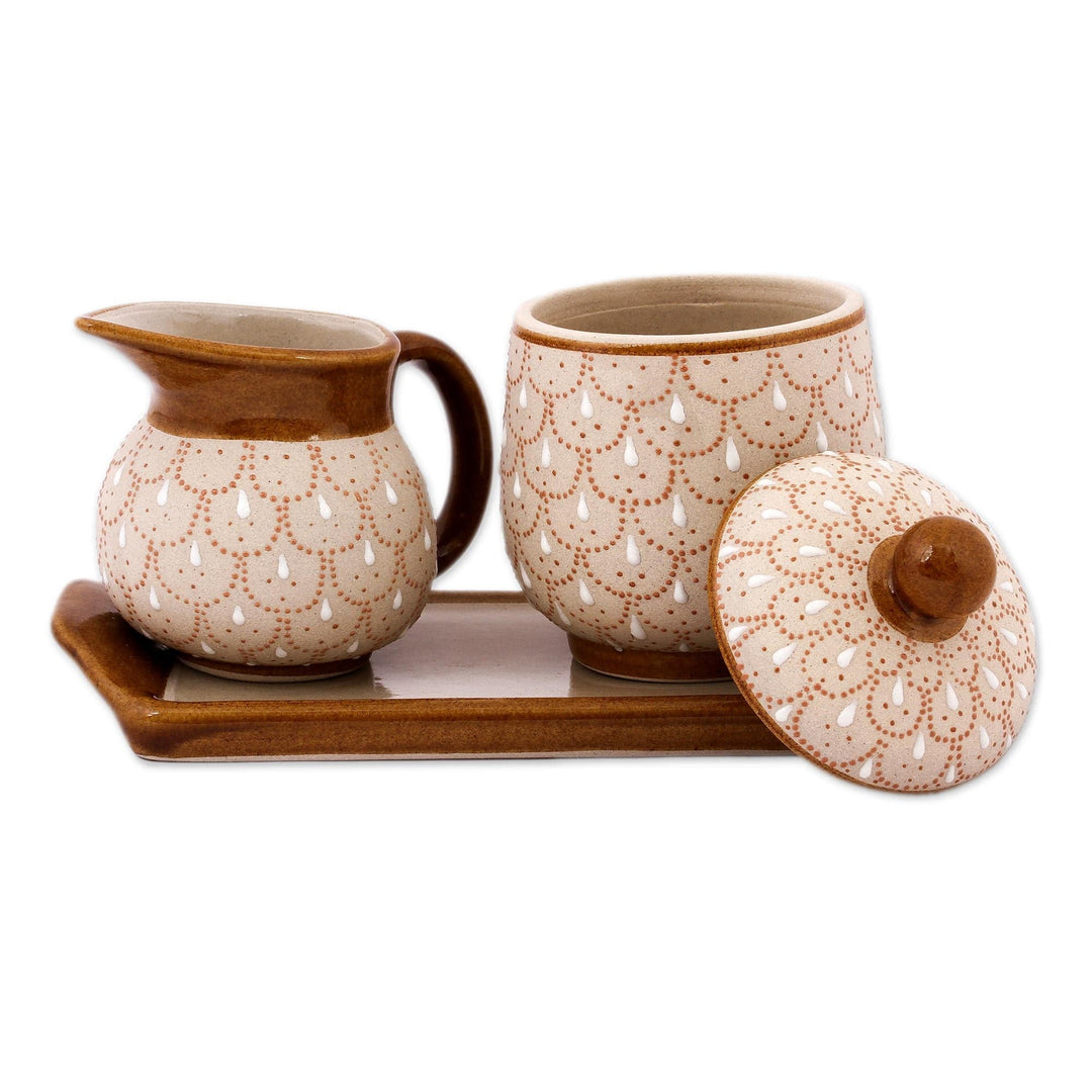 Beige Ceramic Sugar Bowl and Creamer 3-Piece Set with Tray - Terracotta Feathers